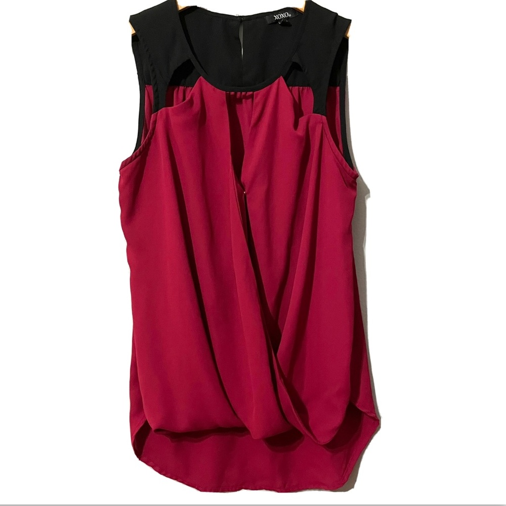 XOXO Wrap Blouse Red‎ & Black Size S Sleeveless High Low Round Neck Cut Up